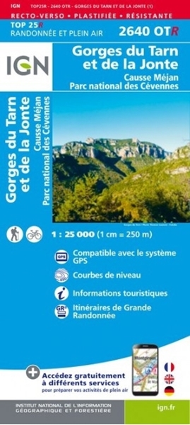 Image Carte IGN 2640OTR Gorges du Tarn et de la Jonte - Causse Méjean -PN des Cevennes - RESISTANTE